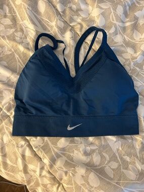 Nike Women's Navy Blue V-Neck Padded Sports Bra with Logo